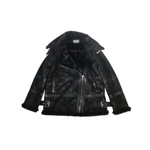 Sleek Chic Black Faux Leather & Fur Women's Zip Up Moto Coat